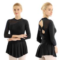 Women Mesh Splice Ballet Tutu Leotard Dress Figure Skating Costume Long Sleeve Gymnastics Leotard Stage Dance Wear S juoda