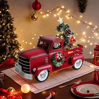 Vintage Christmas Red Truck Decoration, Warm White Twinkling Lights, Country Farmhouse Pickup Truck, Truck with Christmas Tree