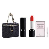 DIOR Lūpų dažai 999 velvetiniai oficialiai progai + Gėlėtas Sweetheart moteriški lengvi kvepalai bandymui + mini peties rankinė mėlyna