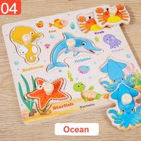 Montessori Wooden Puzzles Cartoon Animal Fruit Hand Grab Board Cognition Jigsaw Puzzle Game Learning Educational Toys For Kids