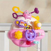 Baby Steering Wheel Busy Board Toys Interactive Pull & Spin Toy with Cartoon Sensory Early Learning for High Chair & Car Seat rožinė