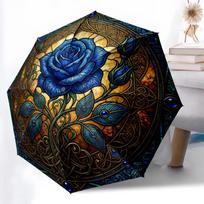 1pc Sturdy 8-Bone Auto Umbrella, Enchanted Azure Rose Petal Umbrella, Digital Printed, Foldable Umbrella for On-the-Go Outdoor Use