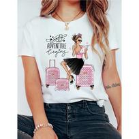 Short Sleeve Top with Stylish Luggage Girl Graphic Women'S Travel-Themed Casual Crew Neck T-Shirt Soft Elastic S
