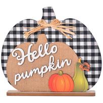 Wooden Plaid Pumpkin Table Decor with Burlap Accent and Seasonal Vegetable Cutouts for Autumn Home Decoration Rustic Style One Size