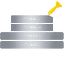 For Tesla Model Y 3 S X P100D P85D 4PCS Car Styling Carbon Fiber Car Door Sill Protected Stickers Auto Emblem Decals Valve Cap 4pcs