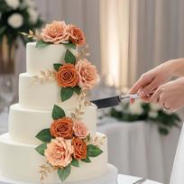 2Pcs Artificial Rose Flower Cake Toppers Set, Orange Fake Roses Flowers with Gold Leaves, Wedding Birthday Party Cake Decorations 2pcs