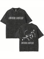 Crystal Castle music album Tshirt for Unisex retro washed loose cotton top gothic punk cartoon print black street rock band shirt M
