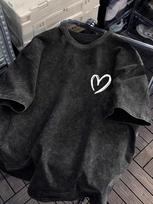 Vintage Cotton Washed WomenS Casual Loose Fit Crew Neck Short Sleeve TShirt Washed Black with White Heart Print Summer Top S