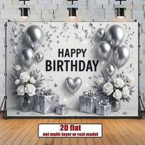 2D Silver White Happy Birthday Backdrop Banner Party Decor 47.2x31.5inch/120*80cm