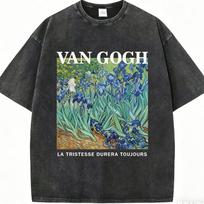 Van Gogh Art Print Tshirt Vintage Washed Black Famous Painting Graphic Casual Streetwear Unisex Tee S