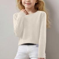 Girls Long Sleeve Knit Pullover Jumper Youth Round Neck Spring Top, Thermal Base Layer Undershirt, Sizes 8-16Years 130 smėlis