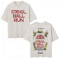 Anime Jojo Bizarre Adventure STEEL BALL RUN Vintage Acid Washed T Shirt Men Women Cotton Casual Short Sleeves Tshirt Streetwear S