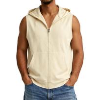 Men's Sleeveless Zip Up Hoodie Vest with Front Pockets Casual Lightweight Hooded Jacket for Outdoor Activities L smėlis