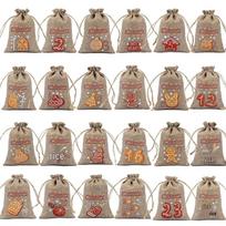 Christmas Advent Countdown Burlap Drawstring Gift Bag Set