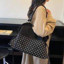 Polka Dot Suede Tote Bag Korean Leopard Print Letter Design, Women Large Capacity Drawstring Shoulder Bag Fashi Casual Handbag juoda