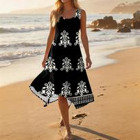 Sleeveless A Line Midi Dress with Abstract Artistic Print Lightweight Fabric Flowing Hem Casual Style L juoda