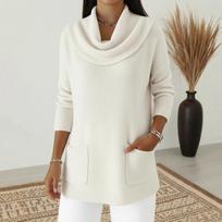 Women’s Long Sleeve Cowl Neck Pullover Sweater with Front Pockets Ribbed Knit Tunic Top for Casual or Office Wear L balta