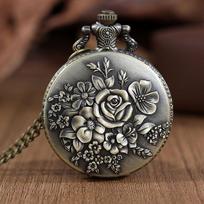 Luxury Gold Flower Quartz Pocket Watch Double-sided Printing Fashion Design Pendant Fob Watch Chain Gifts for Men mėlyna