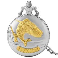 Luxury Fishing Design Quartz Pocket Watch Fob Gold Fish Pendant Clock Full Hunter 30cm Rough Chain Pocket Gifts for Mens reloj sidabras