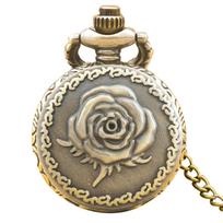Small, Retro Bronze Steampunk Rose-Carved Small Quartz Pocket Watch Necklace Pendant Clock Chain Men's And Women's Chain Gift bronza