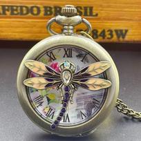 Fashion 3D Cutout Mosaic Brick Dragonfly Quartz Pocket Watch Girls Elegant Sweater Necklace bronza