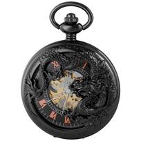 PJX1605 NEW Mechanical Pocket Watch Mens Hand-winding Skeleton Dragon Chain Retro Pendant Timepiece Roman Numerals Display Clock