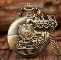 Vintage Classic Steampunk Train Quartz Pocket Watch with Necklace Chain Pendant Souvenir Gift Clock for Male Men and Kids bronza