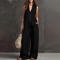 Women’s Two Piece Sleeveless Vest and Wide Leg Pants Set Button Front Relaxed Fit Lightweight Fabric for Daily Wear Office Travel L juoda