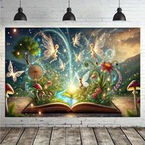 2D Enchanted Storybook Backdrop with Fairies & Butterflies Party Photo Booth Background 47.2x31.5inch/120*80cm
