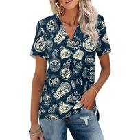 Women Casual V Neck Short Sleeve Oktoberfest Print Polo Shirt Lightweight Summer Top Relaxed Fit Blouse for Everyday Wear XXL mėlyna