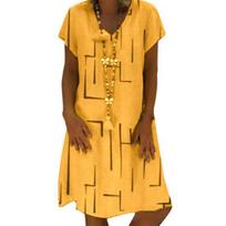 V-Neck Short Sleeve Knee-Length Shift Dress Geometry Plaid Print Casual Summer Dress Female Clothing 2XL geltona