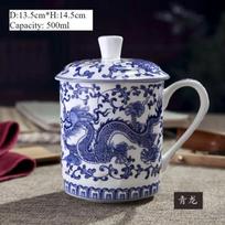 Jingdezhen mėlynai baltas porcelianinis puodelis 500 ml su Kinijos drakonu ir dangteliu biuro arbatos ir kavos gray
