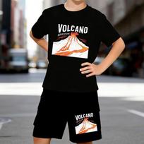 Boys 2 Piece Volcano printed outfit, Short Sleeve T-Shirt and Shorts Set for Kids Age 5-14,Black ,White Sporty Casual Summer Clothes 5-6 Years juoda