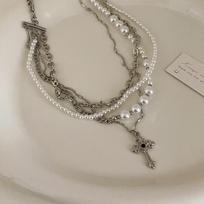 Women's Elegant Multi-Layer Pearl Cross Choker Necklace