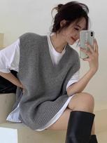 Korean Fashion Loose V Neck Knitted Pullover Women Sleeveless Sweater Vest Casual Loose Tank Tops Solid Color Office Versatile Retro Clothing One size tamsiai pilka spalva