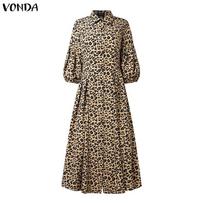 VONDA Vintage Women Puff Sleeve Leopard Print Buttons Up Long Pleated Dress M chaki