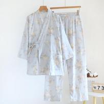 Women's Japanese Floral Cotton Kimono Pajamas - Long Sleeve, Double-Layer Gauze, Lightweight Bathrobe for Spring and Summer L