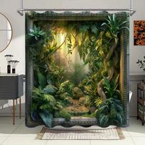 Enchanting Jungle Scene Bath Curtain - Lush Greenery & Sunlit Path; Waterproof Home Decor Adds Tropical Charm to Your Bathroom. W90XH180cm