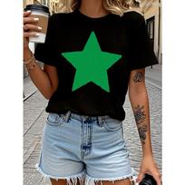 Women Casual T-Shirt with Large Green Star Harajuku Sleeve Casual Women's T-shirt Clothing Street Tops Tees Clothes S