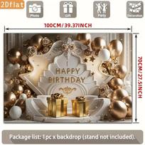 2D Gold Balloon Birthday Backdrop, Elegant White Gold Party Background Banner 47.2x31.5inch/120*80cm