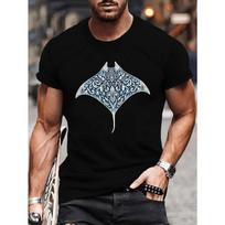 European Sizes Men's Tribal Manta Ray T-Shirt with Swirling Marine Motifs - Short Sleeve Summer Beachwear, Casual Round Neck Top, S įvairiaspalvis
