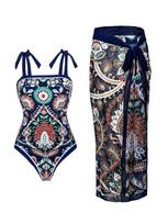 Printed Tie Back Sexy One Piece Bikini Swimsuit Two Piece Set With Cover Up Fashion Elegant Beach Vacation Outfit S