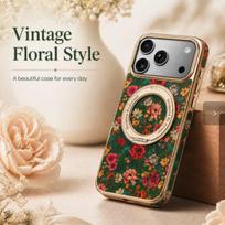 Apple iPhone 16 Pro Max Blue Flower Case with Rotating Stand & Magnetic Suction 16 Pro Max žalia