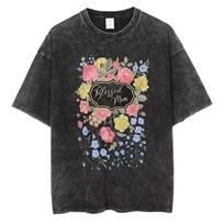 Casual Stylish Blessed Mom T Shirt Women Vintage Wash Short Sleeve Tops Trendy Floral Graphic Tee for Mothers Day Gift S