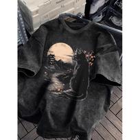 Womens Washed T Shirt Cotton Japanese Style Casual Cat with Flower Print Loose Fit Round Neck Short Sleeve TShirt Unisex S