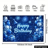 2D Blue Silver Happy Birthday Backdrop Firework Balloon Party Photography Banner 47.2x31.5inch/120*80cm
