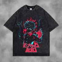 Mob Psycho 100 Anime T-shirt For Men Clothing Summer Short Sleeve Cotton Tee Shirt Harajuku Vintage Washed Oversized Tshirts S