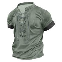 Men's Vintage Lace-Up V-Neck Short Sleeve T-Shirt, Casual Lightweight Soft Cotton Blend Top L armijos žalia spalva