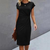 Elegant Women's Knee-Length Red Dress with Sleeves and Ruched Waist for Office or Casual Wear L juoda