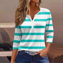 Women's Striped V-Neck Button Down 3/4 Sleeve Casual Blouse Comfortable and Stylish Top XXL žalsvai mėlyna